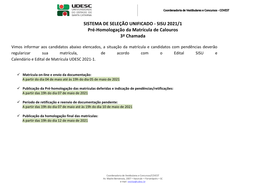 SISU 2021/1 Pré-Homologação Da Matrícula De Calouros 3ª Chamada