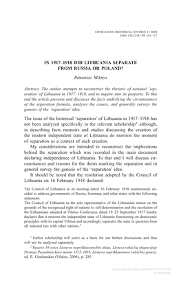 In 1917–1918 Did Lithuania Separate from Russia Or Poland?