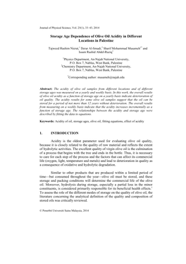 Storage Age Dependence of Olive Oil Acidity in Different Locations in Palestine