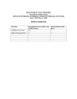 EEO PUBLIC FILE REPORT Townsquare Media Lansing WITL-FM, WFMK(FM), WMMQ(FM), WJIM-FM, WJIM(AM), WVFN(AM) June 1, 2019-May 31, 2020