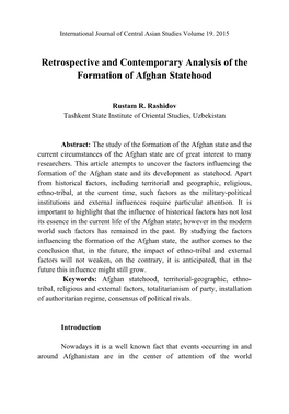 Retrospective and Contemporary Analysis of the Formation of Afghan Statehood