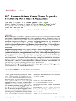 LRG1 Promotes Diabetic Kidney Disease Progression by Enhancing TGF-B–Induced Angiogenesis