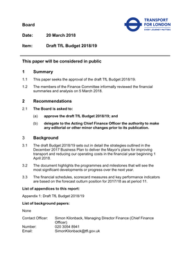 Transport for London Budget 2018/19