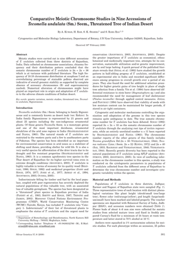 Comparative Meiotic Chromosome Studies in Nine Accessions of Tecomella Undulata (Sm.) Seem., Threatened Tree of Indian Desert