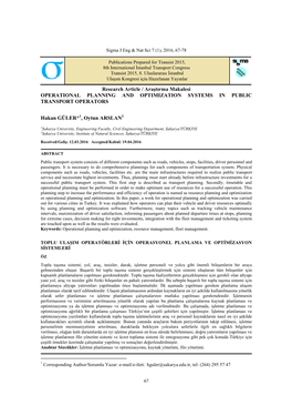 Research Article / Araştırma Makalesi OPERATIONAL PLANNING and OPTIMIZATION SYSTEMS in PUBLIC TRANSPORT OPERATORS