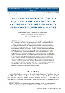 Changes in the Number of Slovaks in Vojvodina in the Last Half Century and the Impact on the Sustainability of Slovakia’S Architectural Heritage