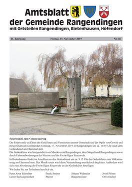 Amtsblatt Der Gemeinde Ran Gen Din Gen Mit Ortsteilen Rangendingen, Bietenhausen, Höfen Dorf