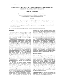 Astragalus Clarkeanus Ali: a Threatened and Narrow Endemic Species in Gilgit-Baltistan, Pakistan