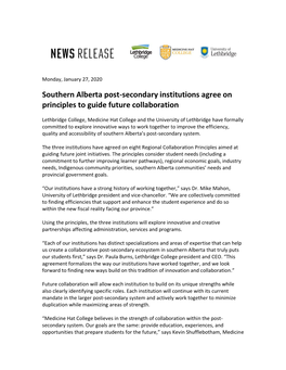 Southern Alberta Post-Secondary Institutions Agree on Principles to Guide Future Collaboration