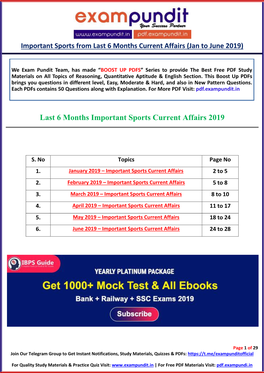 Last 6 Months Important Sports Current Affairs 2019