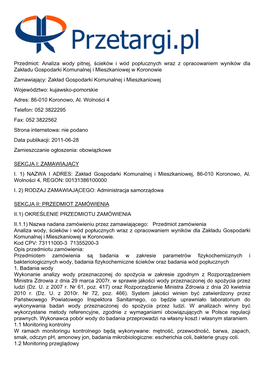 Analiza Wody Pitnej, Ścieków I Wód Popłucznych Wraz Z Opracowaniem Wyników Dla Zakładu Gospodarki Komunalnej I Mieszkaniowej W Koronowie