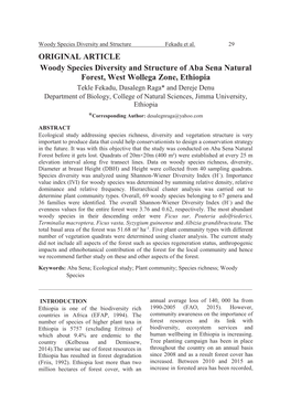 ORIGINAL ARTICLE Woody Species Diversity and Structure of Aba Sena Natural Forest, West Wollega Zone, Ethiopia