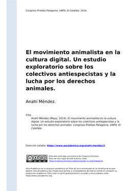 El Movimiento Animalista En La Cultura Digital. Un Estudio Exploratorio Sobre Los Colectivos Antiespecistas Y La Lucha Por Los Derechos Animales