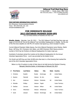 For Immediate Release 2013 Iditarod Musher Sign-Ups 2013 Iditarod Draws 54 Mushers on First Day