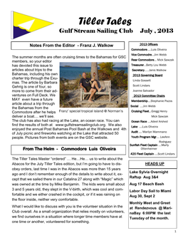 Tiller Tales Gulf Stream Sailing Club July , 2013