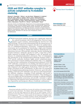 CD20 and CD37 Antibodies Synergize to Activate Complement by Fc-Mediated Ferrata Storti Foundation Clustering