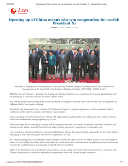 Opening up of China Means Win-Win Cooperation for World: President Xi - People's Daily Online