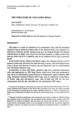 THE STRUCTURE of VALUATION RINGS Carl FAITH * Dedicated To