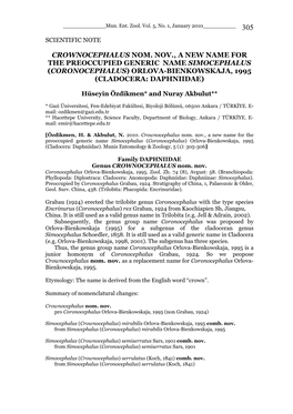 Crownocephalus Nom. Nov., a New Name for the Preoccupied Generic Name Simocephalus (Coronocephalus) Orlova-Bienkowskaja, 1995 (Cladocera: Daphniidae)