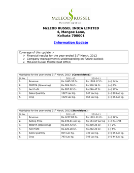 Mcleod RUSSEL INDIA LIMITED 4, Mangoe Lane, Kolkata 700001