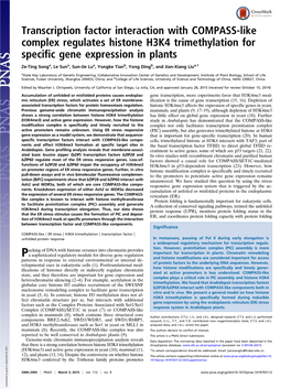 Transcription Factor Interaction with COMPASS-Like Complex Regulates Histone H3K4 Trimethylation for Specific Gene Expression in Plants