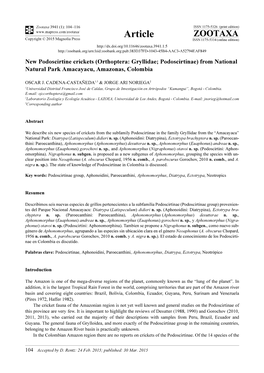 New Podoscirtine Crickets (Orthoptera: Gryllidae; Podoscirtinae) from National Natural Park Amacayacu, Amazonas, Colombia