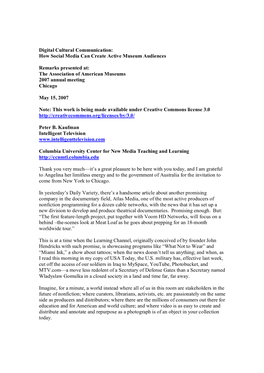 Digital Cultural Communication: How Social Media Can Create Active Museum Audiences Remarks Presented At: the Association of Am