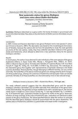 New Systematic Status for Genus Dodiopsis and Some Notes About Dodia Distribution (Lepidoptera, Arctiidae, Geometridae) By