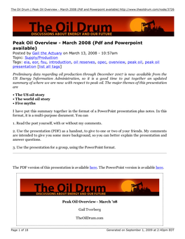 Peak Oil Overview - March 2008 (Pdf and Powerpoint Available)