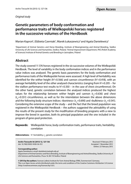 Genetic Parameters of Body Conformation and Performance Traits of Wielkopolski Horses Registered in the Successive Volumes of the Herdbook