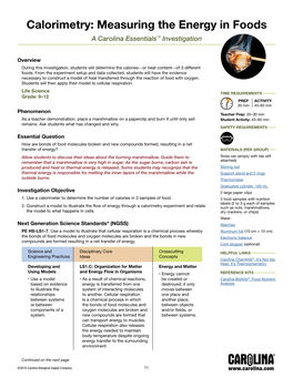 Calorimetry: Measuring the Energy in Foods a Carolina Essentials™ Investigation