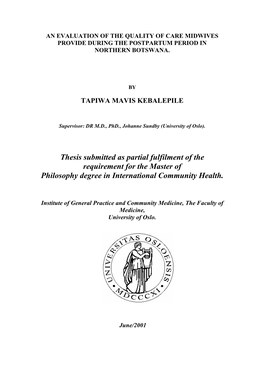 Thesis Submitted As Partial Fulfilment of the Requirement for the Master of Philosophy Degree in International Community Health