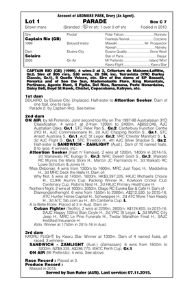 Lot 1 PARADE Box C 7 Brown Mare (Branded : Nr Sh; 1 Over 0 Off Sh) Foaled in 2010