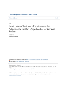 Invalidation of Residency Requirements for Admission to the Bar: Opportunities for General Reform Paul G