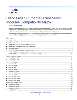 Cisco Gigabit Ethernet Transceiver Modules Compatibility Matrix Revised: March 29, 2018