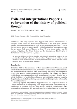 Exile and Interpretation: Popper's Re-Invention of the History of Political