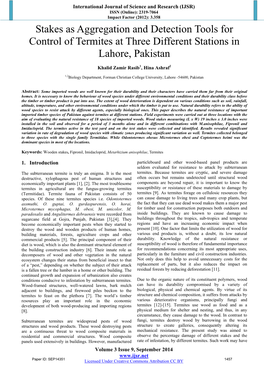 Stakes As Aggregation and Detection Tools for Control of Termites at Three Different Stations in Lahore, Pakistan