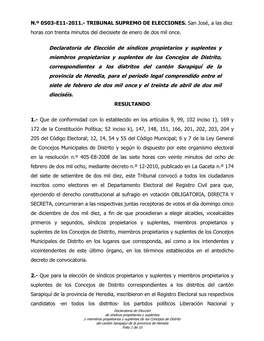 Sarapiquí De La Provincia De Heredia, Para El Período Legal Comprendido Entre El Siete De Febrero De Dos Mil Once Y El Treinta De Abril De Dos Mil Dieciséis