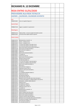 Richiamo N. 12 Dicembre Resa Entro 31/01/2020 Provvedere Alla Resa Totale Di Agende , Calendari, Calendari Avvento