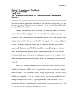 Module 1 Writing Project – Final Draft Cburghardt PW 6005 3, May 2014 the Transformation of Shame in a Town’S Absolution: the Donnelly Massacre