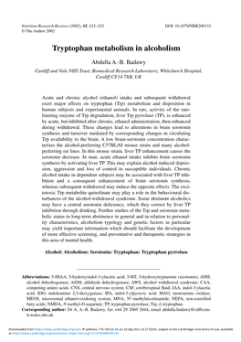 Tryptophan Metabolism in Alcoholism