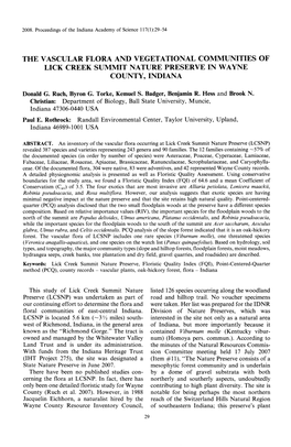The Vascular Flora and Vegetational Communities of Lick Creek Summit Nature Preserve in Wayne County, Indiana