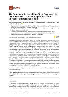 The Presence of Toxic and Non-Toxic Cyanobacteria in the Sediments of the Limpopo River Basin: Implications for Human Health