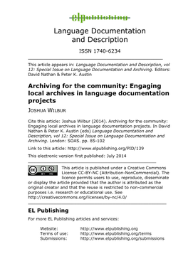 Archiving for the Community: Engaging Local Archives in Language Documentation Projects