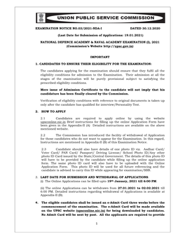 EXAMINATION NOTICE NO.03/2021-NDA-I DATED 30.12.2020 (Last Date for Submission of Applications: 19.01.2021) NATIONAL DEFENCE