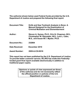 Knife and Saw Toolmark Analysis in Bone: a Manual Designed for the Examination of Criminal Mutilation and Dismemberment