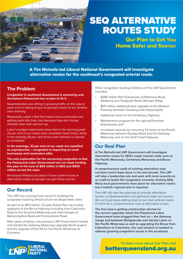 SEQ ALTERNATIVE ROUTES STUDY Our Plan to Get You Home Safer and Sooner