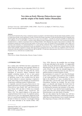 New Data on Early Miocene Palaeochoerus Typus and the Origins of the Family Suidae (Mammalia)