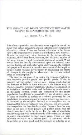 The Impact and Development of the Water Supply in Manchester, 1568-1882' J.A