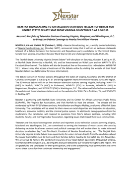 Nexstar Broadcasting to Air Exclusive Statewide Telecast of Debate for United States Senate Seat from Virginia on October 5 at 6:30 P.M